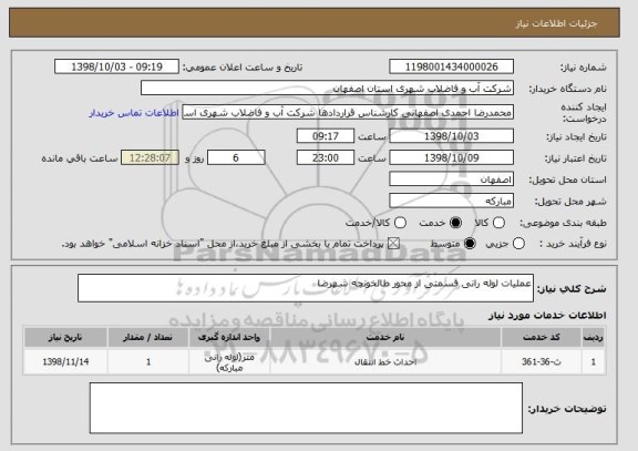 استعلام عملیات لوله رانی قسمتی از محور طالخونچه شهرضا