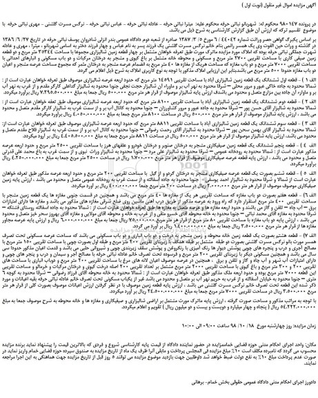 مزایده، مزایده فروش چهار قطعه زمین شالیزاری