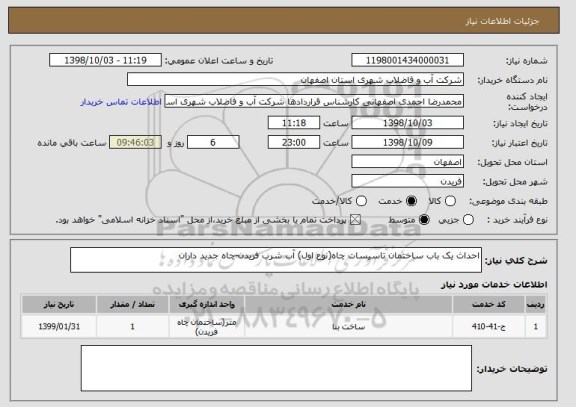 استعلام احداث یک باب ساختمان تاسیسات چاه(نوع اول) آب شرب فریدن-چاه جدید داران