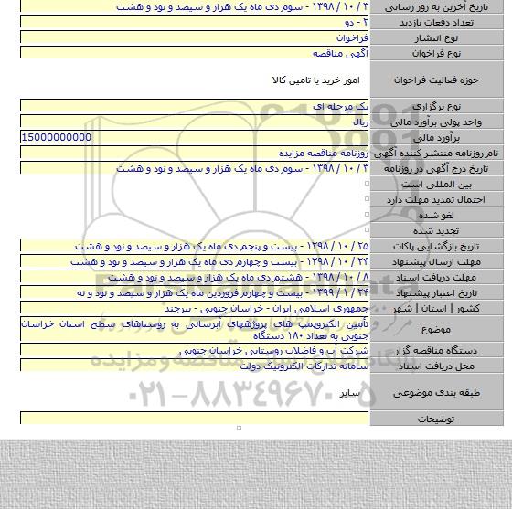 تأمین الکتروپمپ های پروژههای آبرسانی به روستاهای سطح استان خراسان جنوبی به تعداد ۱۸۰ دستگاه