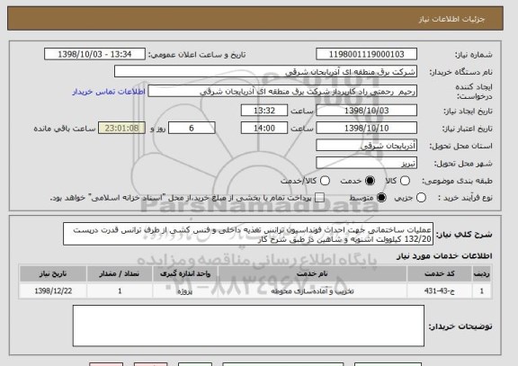استعلام عملیات ساختمانی جهت احداث فونداسیون ترانس تغذیه داخلی و فنس کشی از طرف ترانس قدرت درپست 132/20 کیلوولت اشنویه و شاهین دژ طبق شرح کار