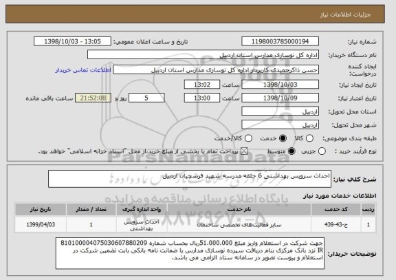 استعلام احداث سرویس بهداشتی 6 حلقه مدرسه شهید فرشچیان اردبیل