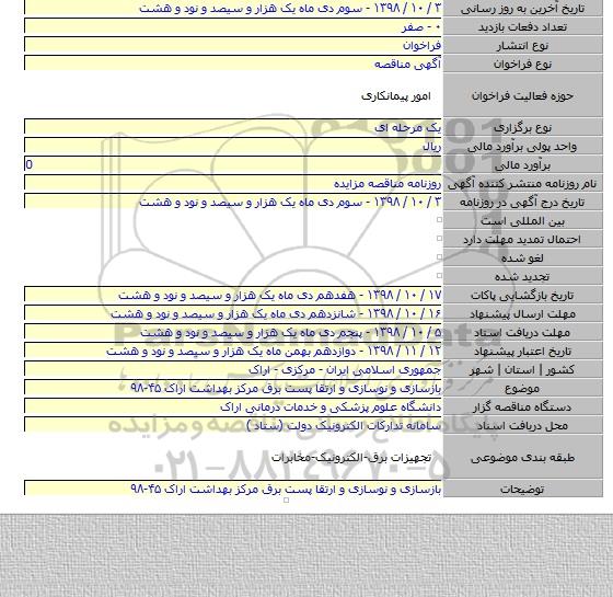 بازسازی و نوسازی و ارتقا  پست برق مرکز بهداشت اراک ۴۵-۹۸