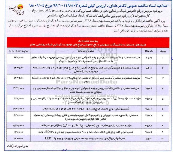 اصلاحیه مناقصه , اصلاحیه مناقصه سرویس و رفع خاموشی شبکه روشنایی معابر... 
