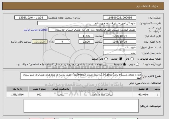استعلام اجاره تعداد1دستگاه لودر(حداقل90 )باراننده بمدت 3ماه(90روز) جهت بازسازی محورهای عشایری شهرستان ایذه 