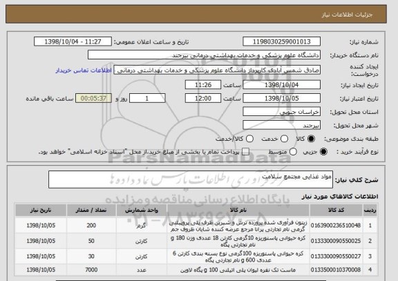 استعلام مواد غذایی مجتمع سلامت