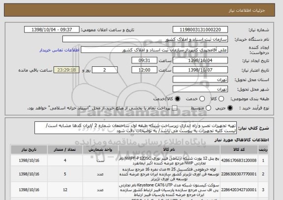 استعلام تهیه تجهیزات نصب و راه اندازی زیرساخت شبکه طبقه اول ساختمان شماره 2 /ایران کدها مشابه است/ لیست کلیه تجهیزات به پیوست می باشد/ به توضیحات دقت شود