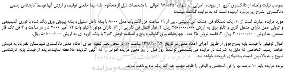 مزایده، مزایده فروش یک دستگاه فن خشک کن کابینتی . پی آر 19 و...