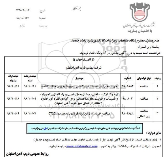 فراخوان, فراخوان خرید سه ردیف قطعات فایبرگلاس، مربوط به برج خنک کننده و ...