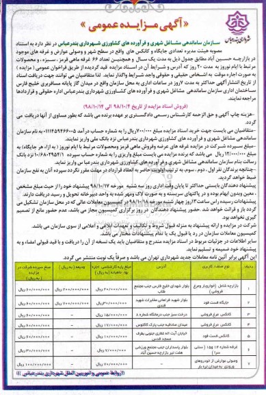 مزایده, مزایده واگذاری  تعدادی جایگاه و کانکس