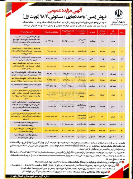 آگهی مزایده مزایده فروش تعدادی از املاک کاربری مسکونی و تجاری