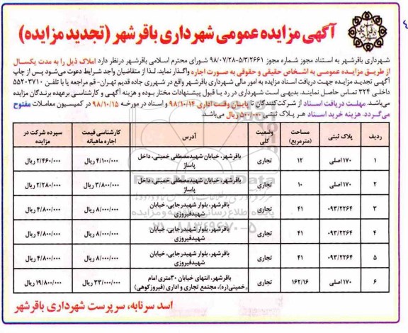 آگهی تجدید مزایده، تجدید تمزایده اجاره املاک