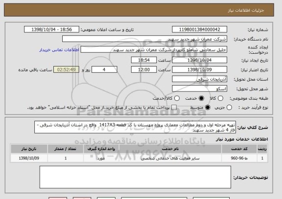 استعلام تهیه مرحله اول و دوم مطالعات معماری پروژه مهستان با کد قطعه 1417A3  واقع در استان آذربایجان شرقی - فاز 4 شهر جدید سهند