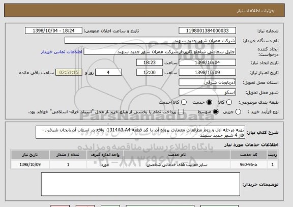 استعلام تهیه مرحله اول و دوم مطالعات معماری پروژه آذر با کد قطعه 1314A3,A4  واقع در استان آذربایجان شرقی - فاز 4 شهر جدید سهند