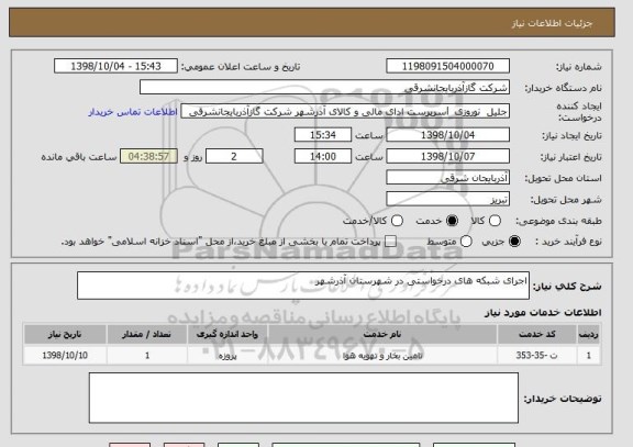 استعلام اجرای شبکه های درخواستی در شهرستان آذرشهر