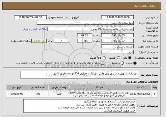 استعلام  	پودر لباسشویی ماشینی پلی واش آبی پاکت مقوایی 500 g نام تجارتی اکتیو