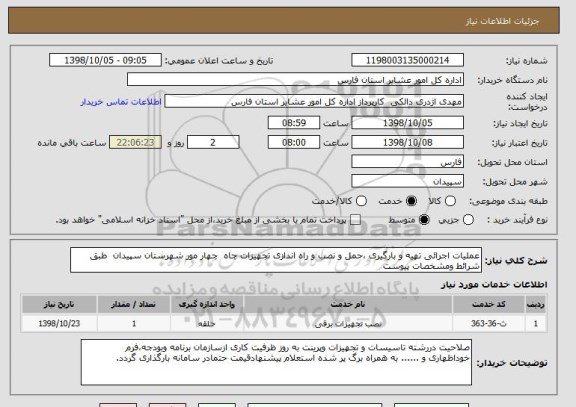 استعلام عملیات اجرائی تهیه و بارگیری ،حمل و نصب و راه اندازی تجهیزات چاه  چهار مور شهرستان سپیدان  طبق شرائط ومشخصات پیوست 