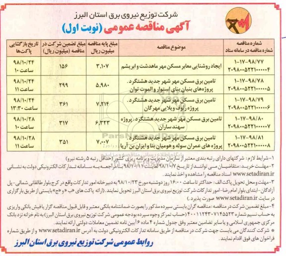 مناقصه ،مناقصه ایجاد روشنایی معابر مسکن مهر...