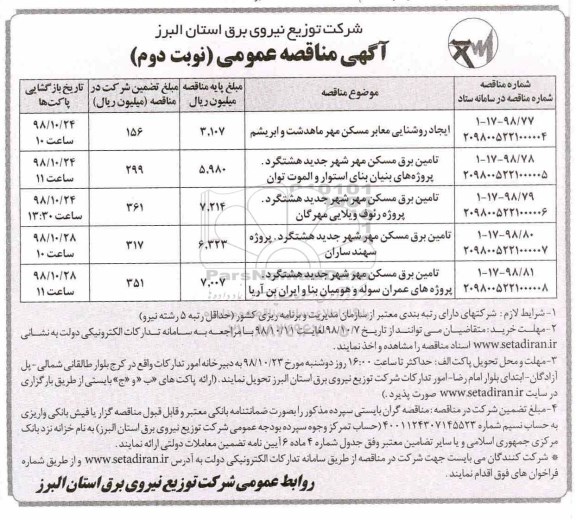 مناقصه ،مناقصه ایجاد روشنایی معابر مسکن مهر... - نوبت دوم