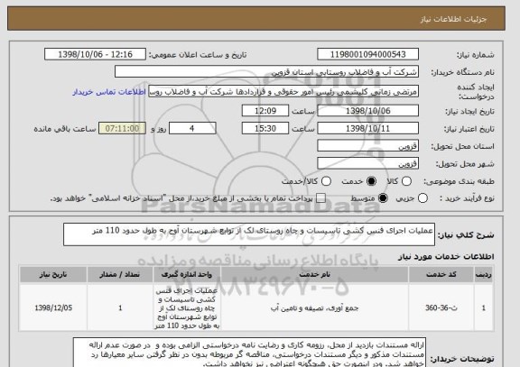 استعلام عملیات اجرای فنس کشی تاسیسات و چاه روستای لک از توابع شهرستان آوج به طول حدود 110 متر