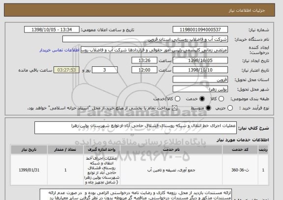 استعلام عملیات اجرای خط انتقال و شبکه روستای قشلاق حاجی آباد از توابع شهرستان بوئین زهرا 