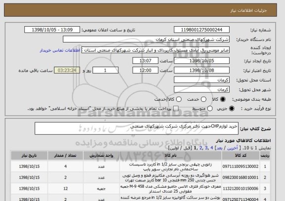 استعلام خرید لوازمCHPجهت دفتر مرکزی شرکت شهرکهای صنعتی