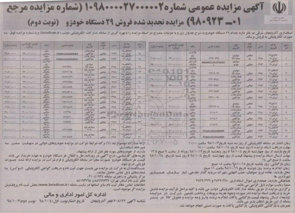 مزایده،مزایده فروش 29 دستگاه خودرو - تجدید - نوبت دوم