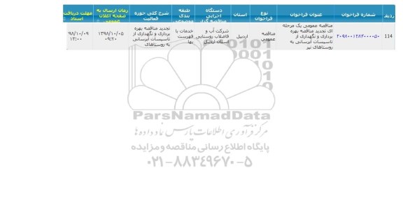 مناقصه بهره برداری و نگهداری از تاسیسات آبرسانی تجدید