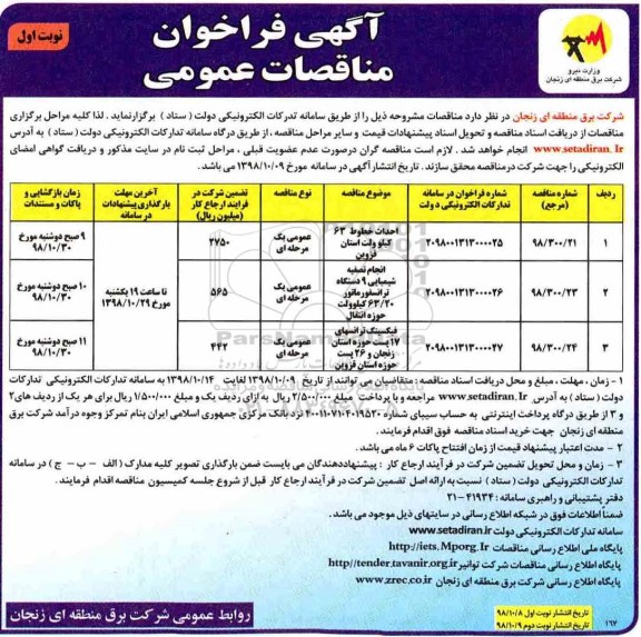 مناقصه عمومی, مناقصه احداث خطوط 63 کیلوولت... 