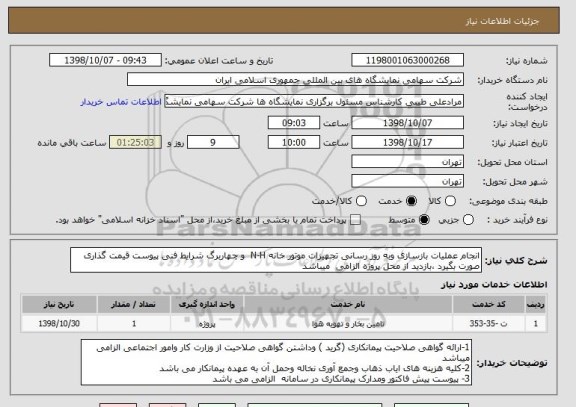 استعلام انجام عملیات بازسازی وبه روز رسانی تجهیزات موتور خانه N-H  و چهاربرگ شرایط فنی پیوست قیمت گذاری صورت بگیرد ،بازدید از محل پروژه الزامی  میباشد 