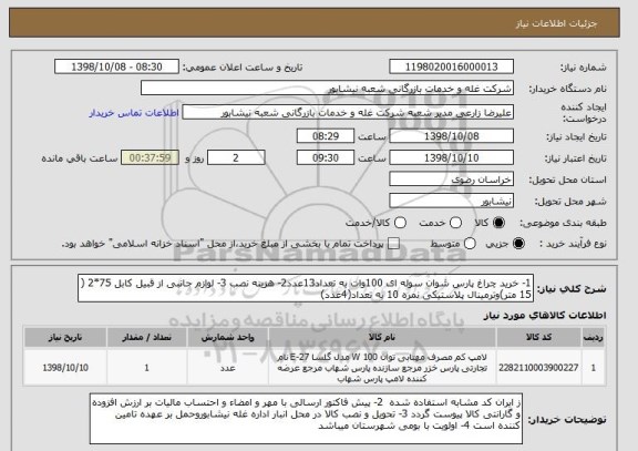 استعلام 1- خرید چراغ پارس شوان سوله ای 100وات به تعداد13عدد2- هزینه نصب 3- لوازم جانبی از قبیل کابل 75*2 ( 15 متر)وترمینال پلاستیکی نمره 10 به تعداد(4عدد)