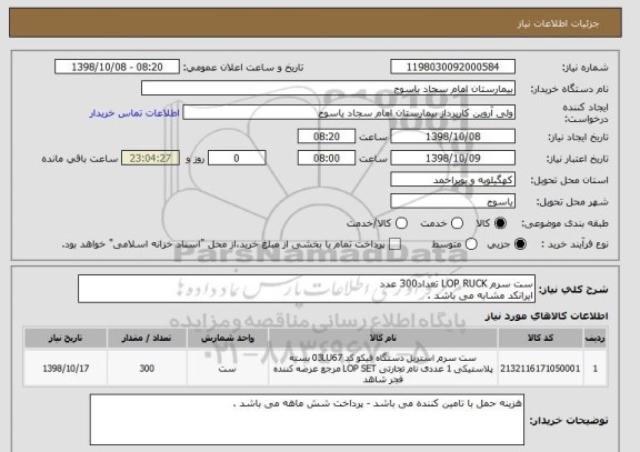 استعلام ست سرم LOP RUCK تعداد300 عدد 
ایرانکد مشابه می باشد .