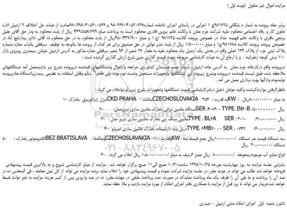 مزایده، مزایده فروش سرقفلی یکباب مغازه و....