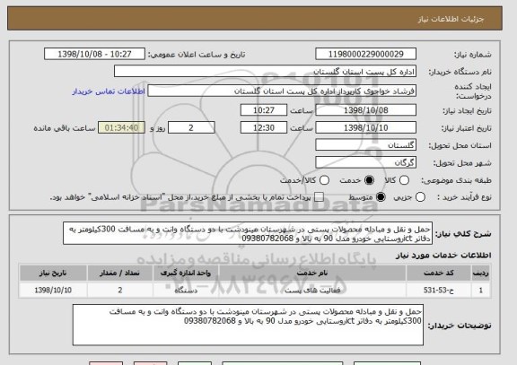 استعلام حمل و نقل و مبادله محصولات پستی در شهرستان مینودشت با دو دستگاه وانت و به مسافت 300کیلومتر به دفاتر ictروستایی خودرو مدل 90 به بالا و 09380782068