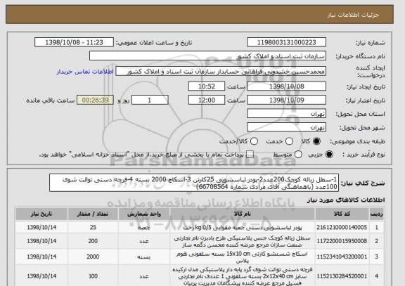استعلام 1-سطل زباله کوچک200عدد2-پودر لباسشویی 25کارتن 3-اسکاچ 2000 بسته 4-فرچه دستی توالت شوی 100عدد (باهماهنگی آقای مرادی شماره 66708564)