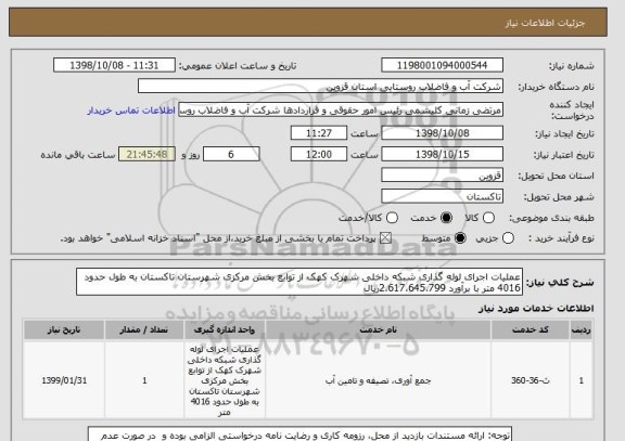 استعلام عملیات اجرای لوله گذاری شبکه داخلی شهرک کهک از توابع بخش مرکزی شهرستان تاکستان به طول حدود 4016 متر با برآورد 2،617،645،799ریال 
