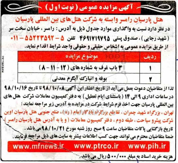 مزایده, مزایده واگذاری غرفه ، بوفه و انبارک