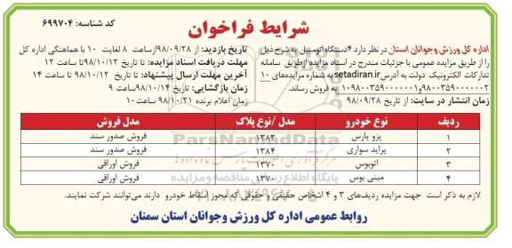 فراخوان مزایده 4 دستگاه اتومبیل -98.10.8