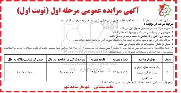 مزایده, مرایده اجاره یک واحد مغازه تجاری