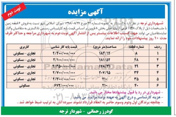 آگهی مزایده مزایده فروش 6 قطعه زمین پلاک 1748 فرعی نوبت دوم