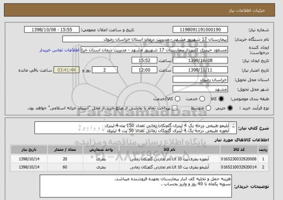 استعلام آبلیمو طبیعی درجه یک 4 لیتری گلچکان زمانی تعداد 150 پت 4 لیتری 
آبغوره طبیعی درجه یک 4 لیتری گلچکان زمانی تعداد 50 پت 4 لیتری 
کد مشابه میباشد .