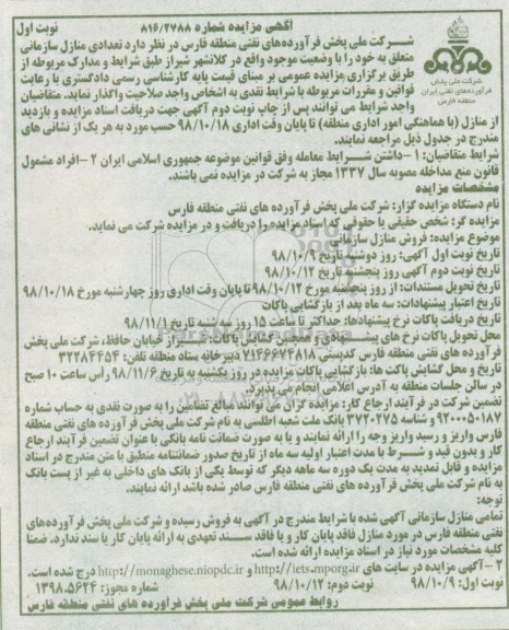 مزایده مزایده واگذاری تعدادی منازل سازمانی نوبت اول