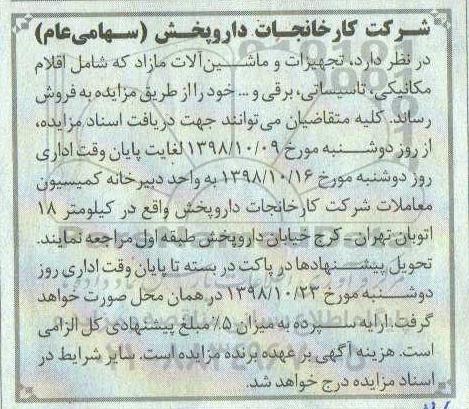 مزایده، مزایده تجهیزات و ماشین آلات مازاد که شامل اقلام مکانیکی، تاسیساتی، برقی و ...