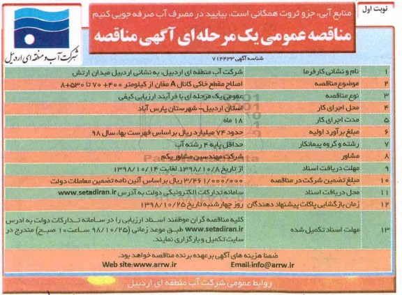 مناقصه، مناقصه اصلاح مقطع خاکی کانال A 