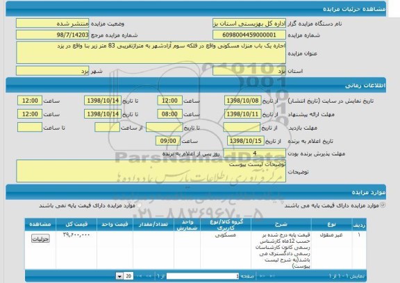 مزایده مزایده اجاره یک باب منزل مسکونی