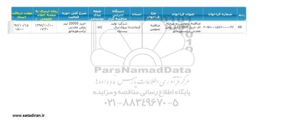 مناقصه خرید 20000 لیتر روغن معدنی ترانسفورماتور 