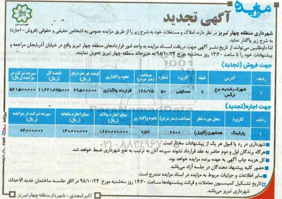 تجدید مزایده ، مزایده فروش و اجاره املاک و مستغلات - تجدید