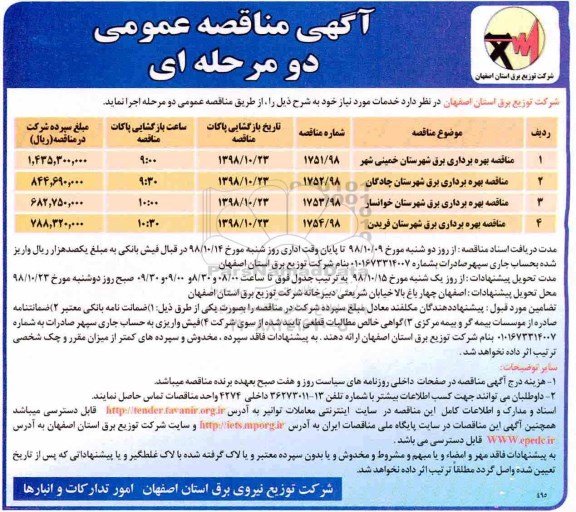 آگهی مناقصه عمومی , مناقصه بهره برداری برق 