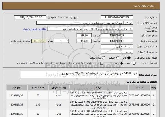 استعلام خرید 24000 متر لوله پلی اتیلن در سایز های 40 ، 50 و 63 به شرح پیوست