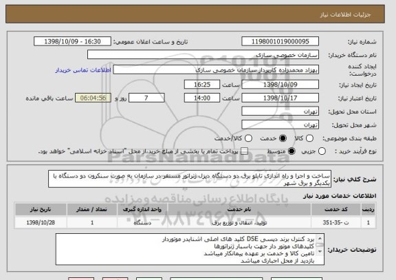 استعلام ساخت و اجرا و راه اندازی تابلو برق دو دستگاه دیزل ژنراتور مستقر در سازمان به صورت سنکرون دو دستگاه با یکدیگر و برق شهر